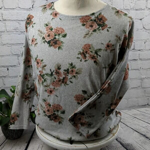 Floral longer sleeve crew neck T shirt with details XL